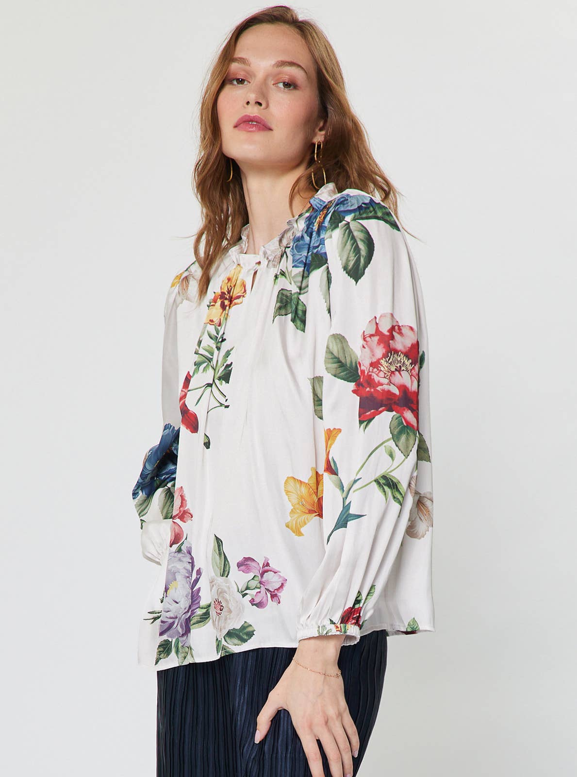 Floral Printed Ruffled Neck Long Sleeve Blouse