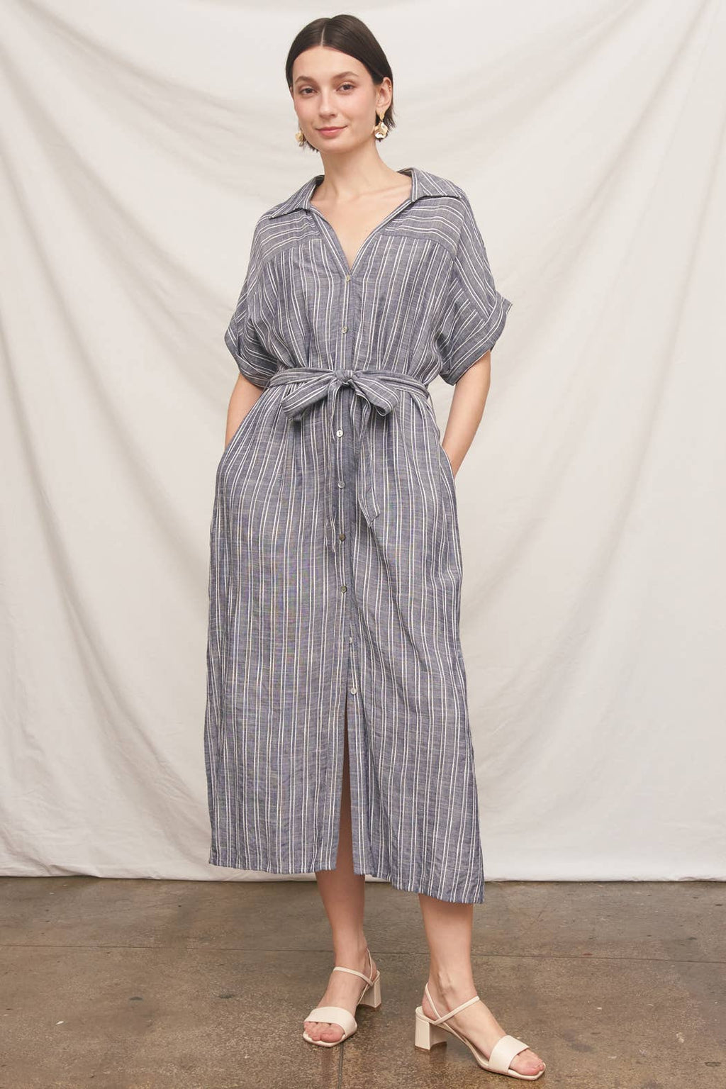 Short Sleeve Striped Button Down Shirt Dress