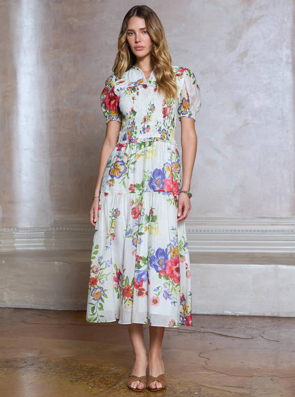 Floral Printed Smocked Midi Dress