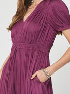 Pleated V-neck Short Sleeve Midi Dress