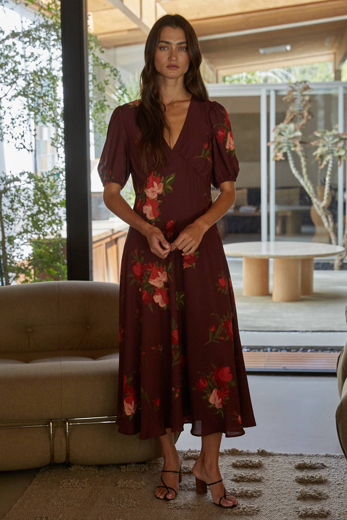Woven Floral Print Puff Sleeve Midi Dress