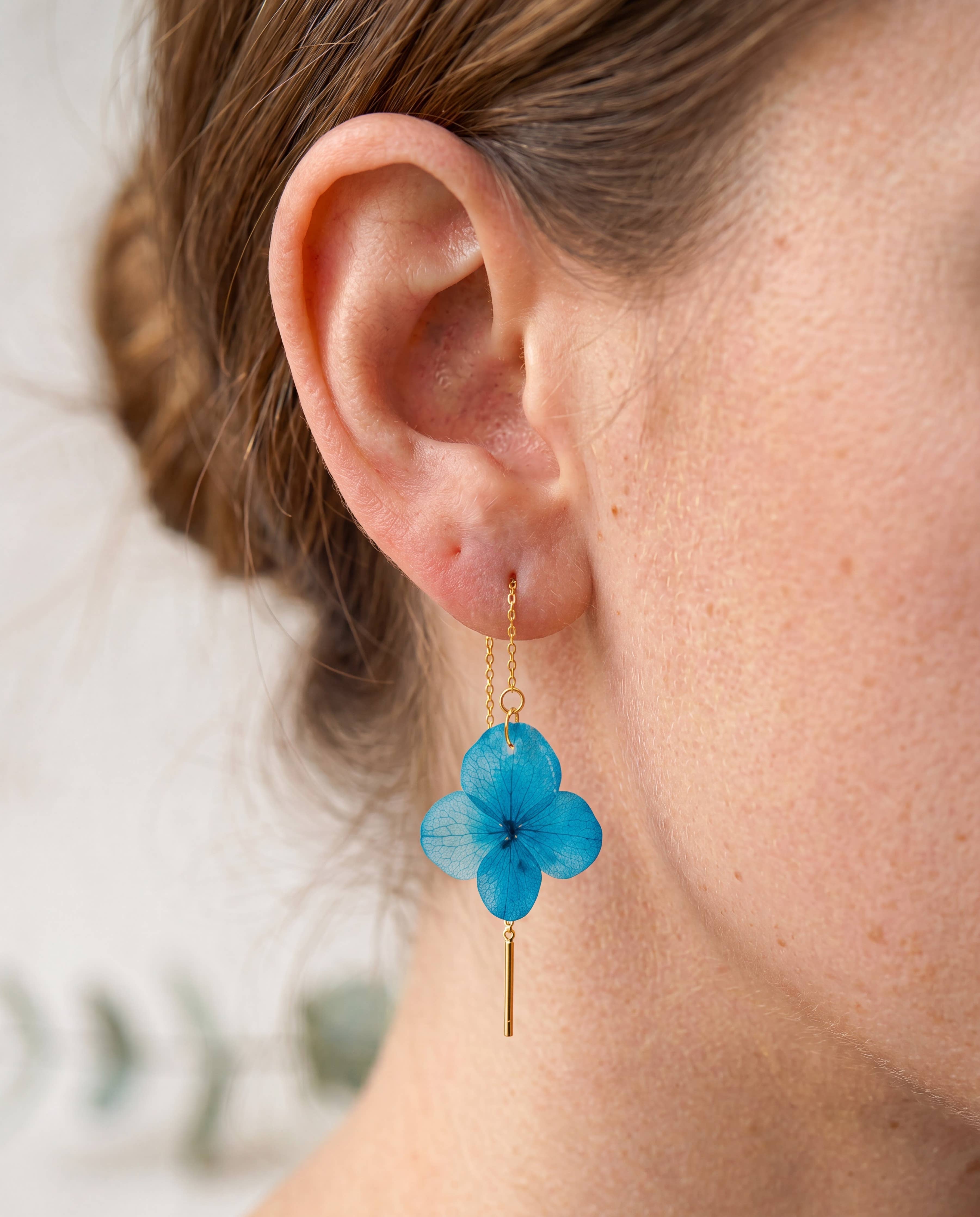 Pressed Blue Hydrangea Threader Earrings