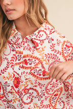 Paisley Print Button Down Bubble Sleeve Top