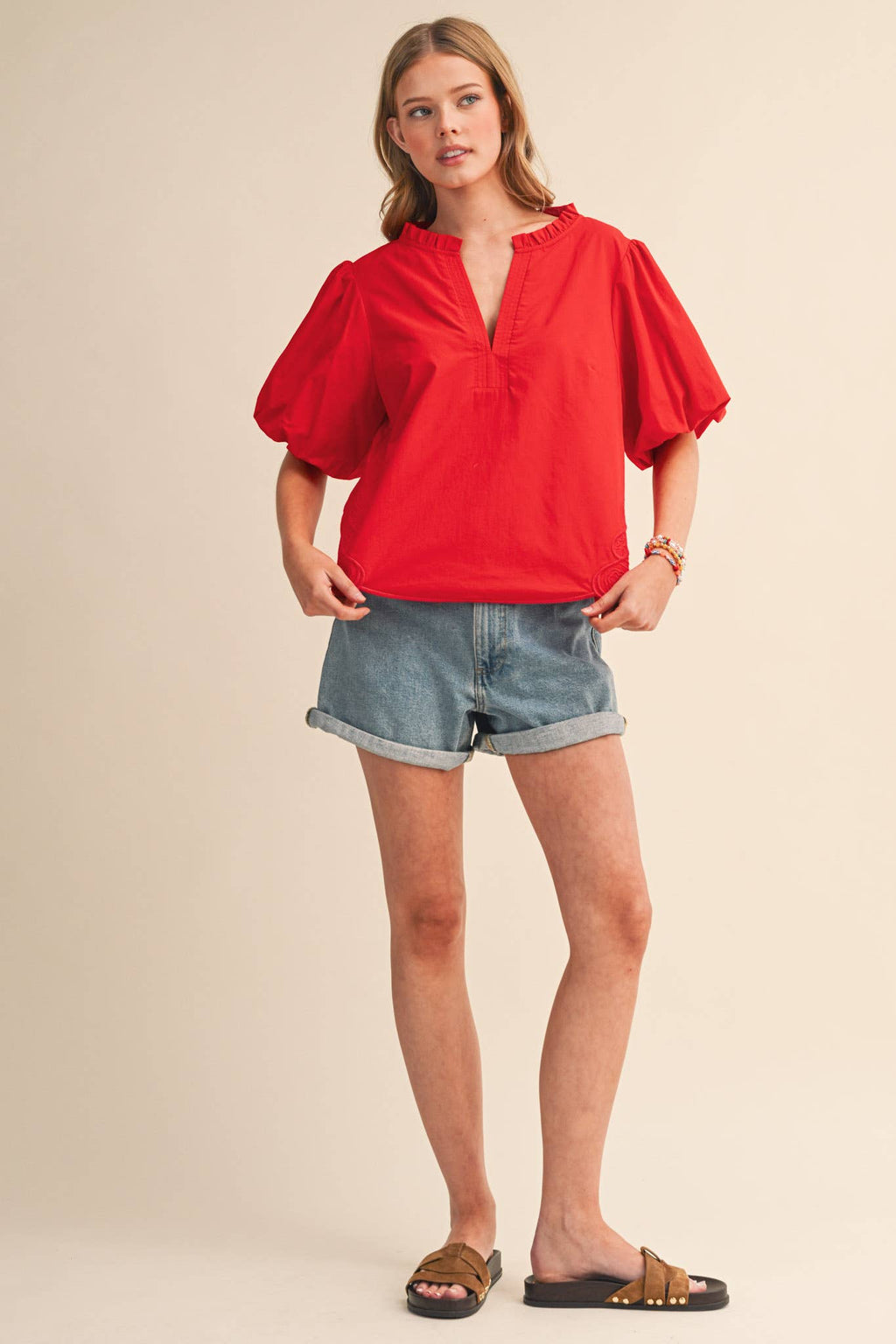 Bubble Sleeve Top With Side Embroidery