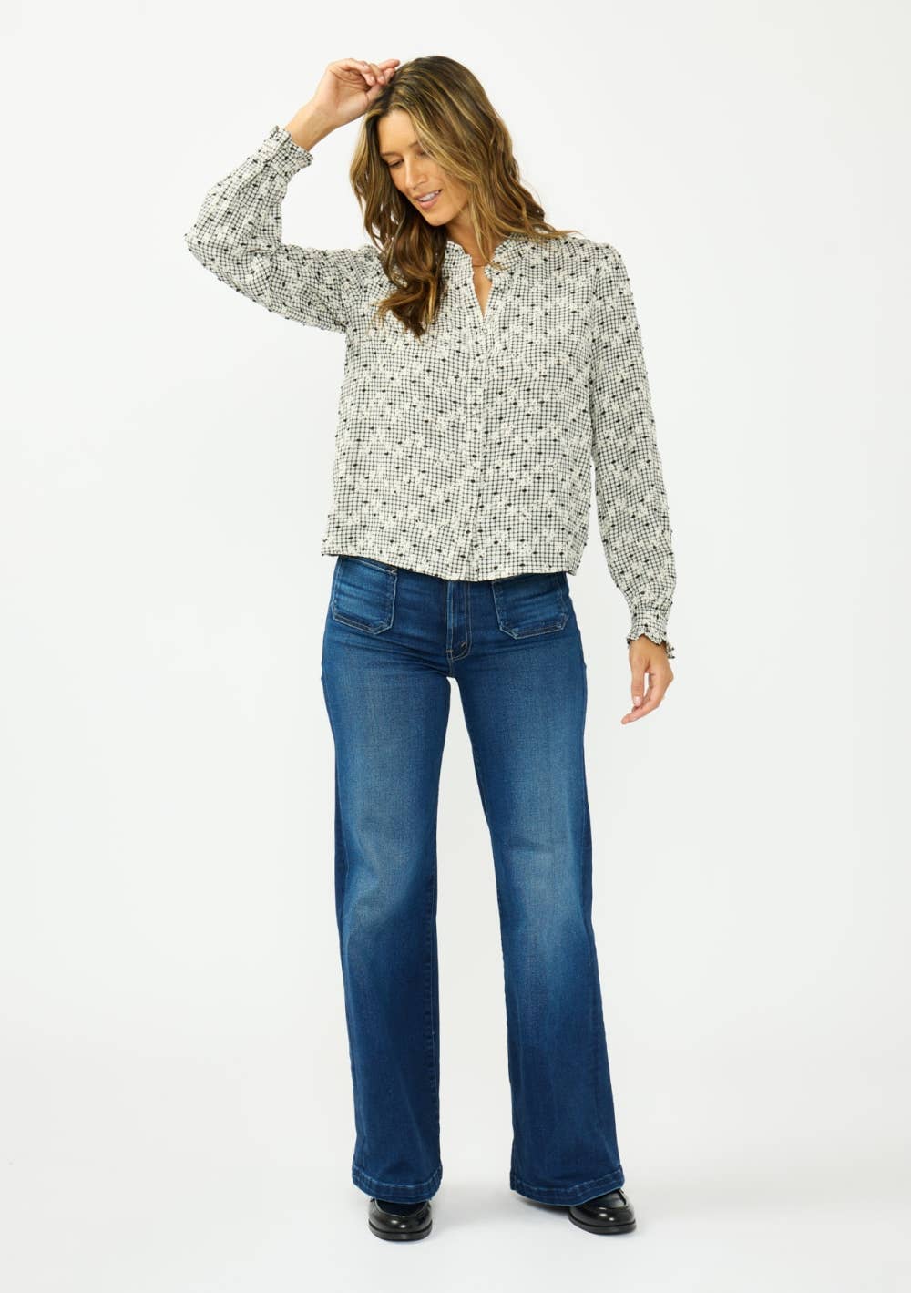 Floral Embroidered Check Ruffle Blouse