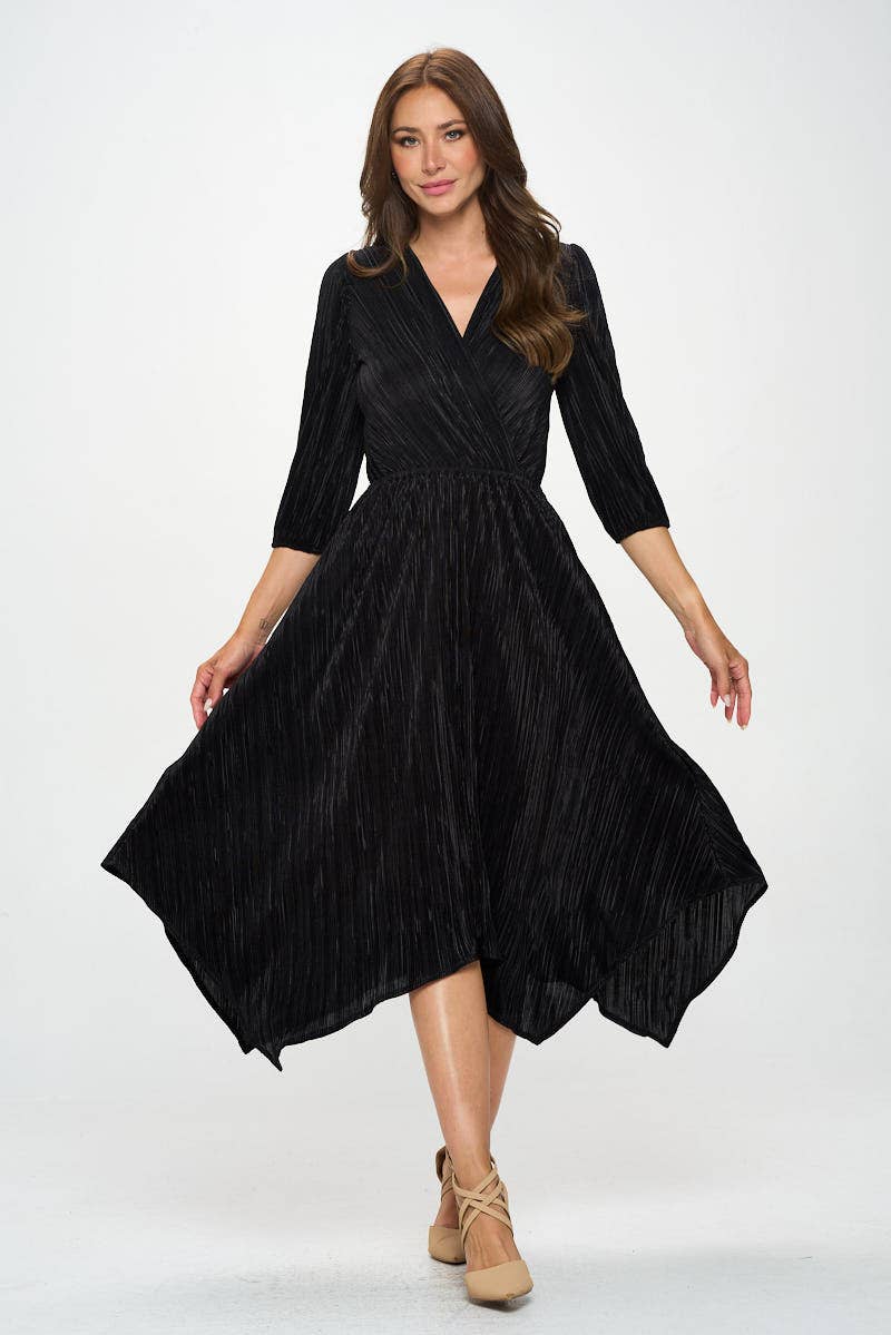 Plisse V neck Dress with Asymmetrical Hem