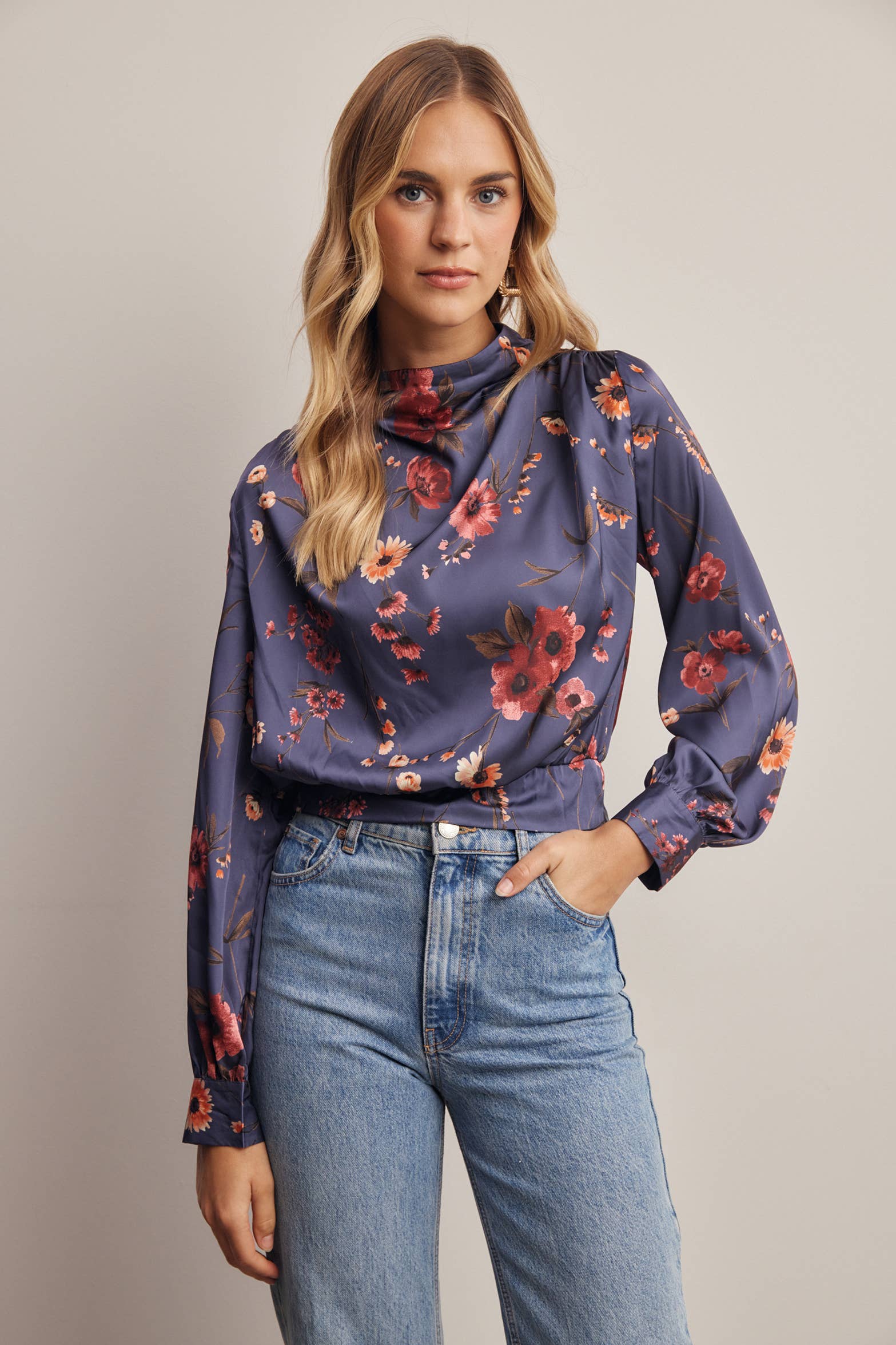 Floral Mock Neck Tie Back Blouse