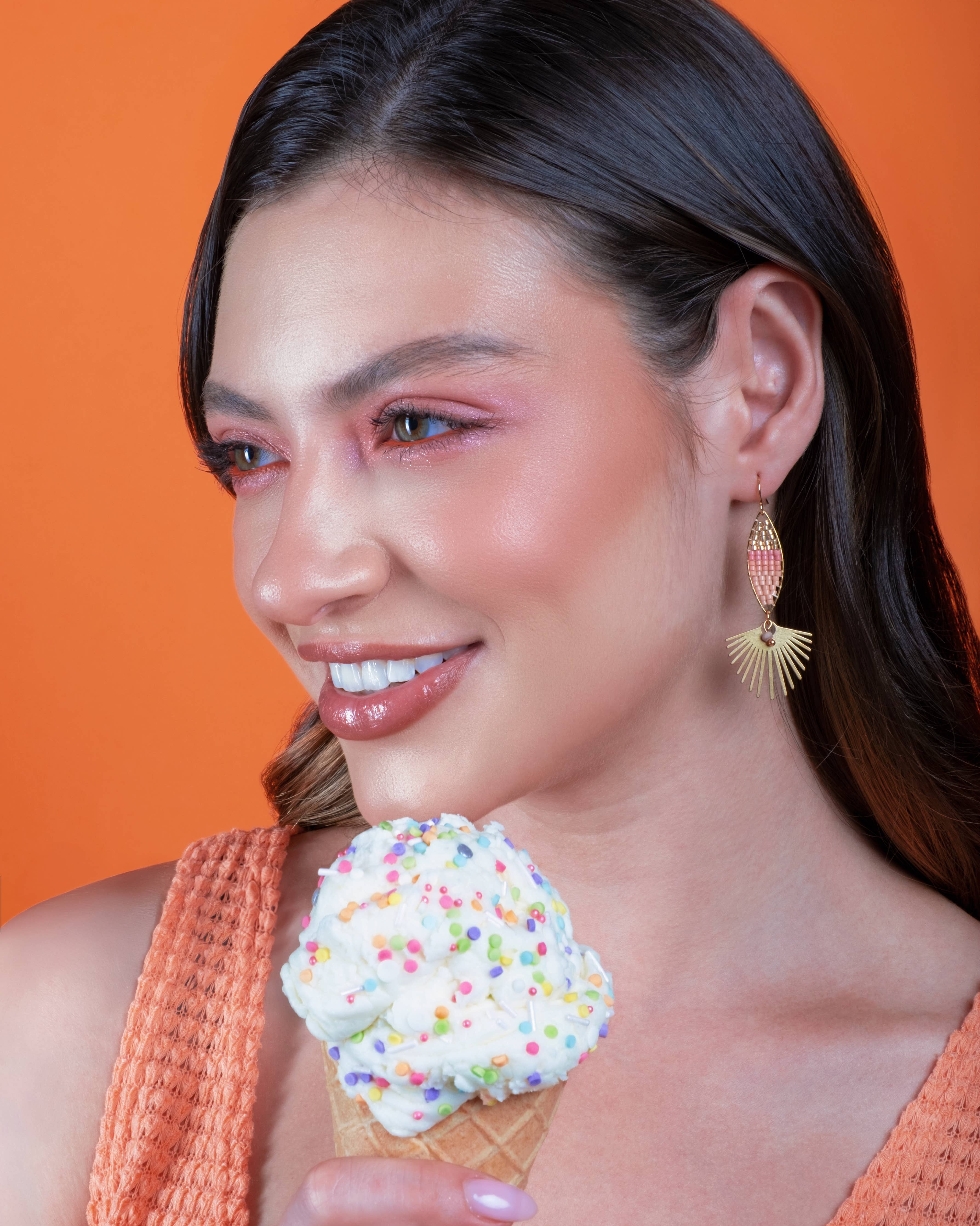 Beaded Handwoven Cotton Candy Dangle Earrings (Pink)