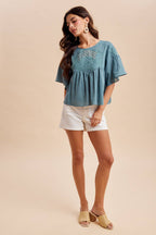 COTTON EMBROIDERED FLUTTER SLEEVE TOP
