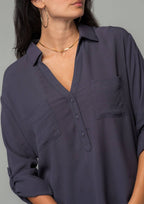 Collared Roll-Up Long Sleeve Button Front Blouse