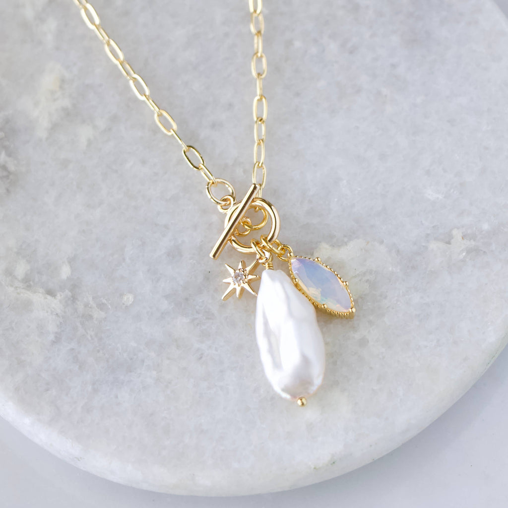 Opalite, Freshwater Pearl Charm Toggle Necklace