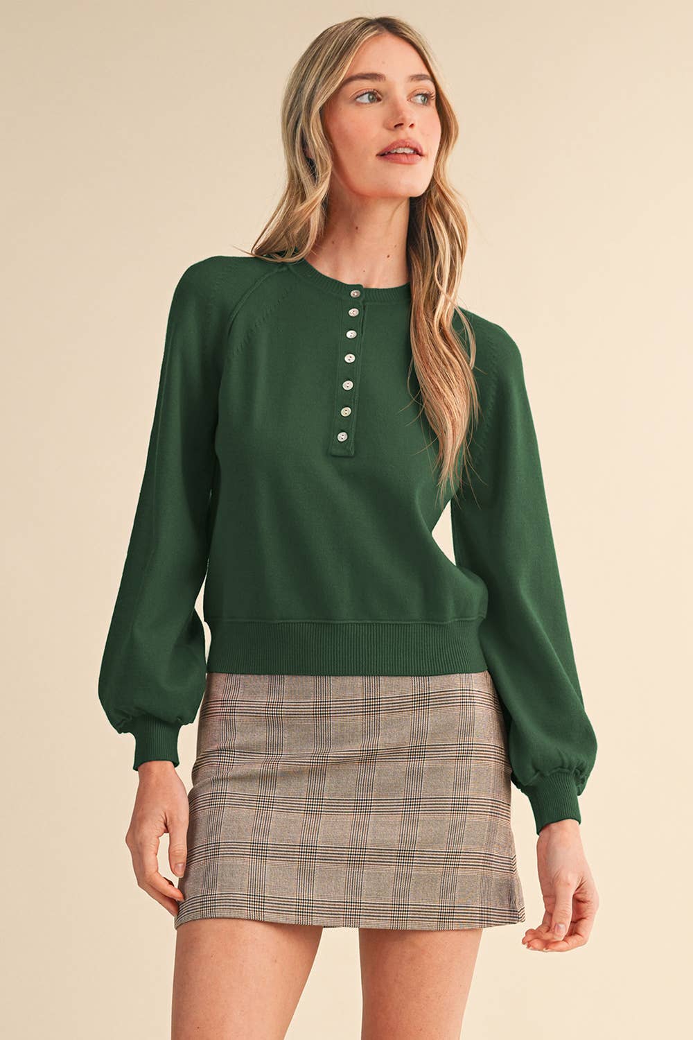 Puff Sleeve Henley Shell Button Sweater