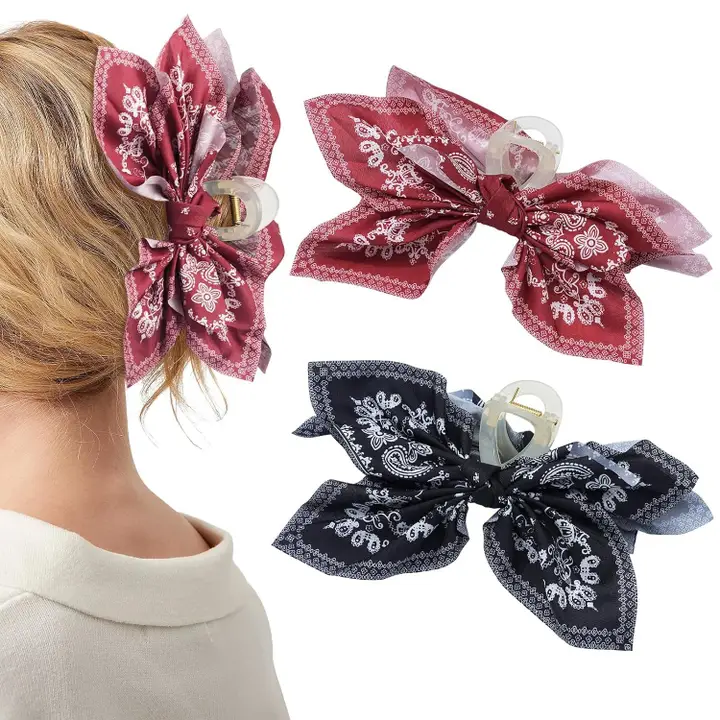 Bandana Bow Claw Clip Pack of 2 - Bandana Red, Bandana Black