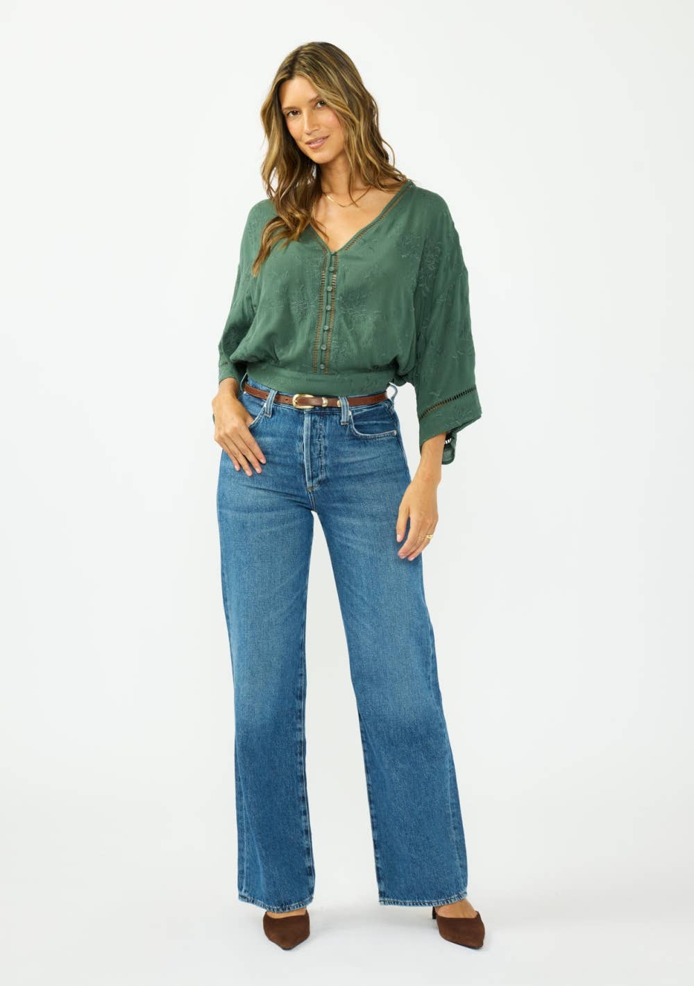V-Neck Button-Down Blouson Top