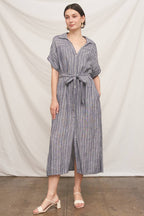 Short Sleeve Striped Button Down Shirt Dress
