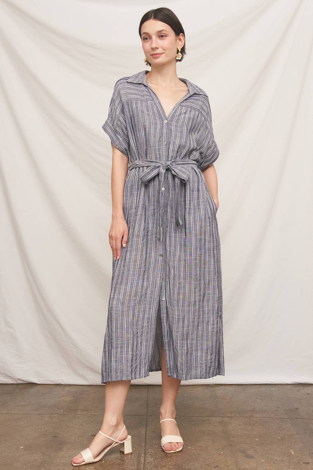 Short Sleeve Striped Button Down Shirt Dress
