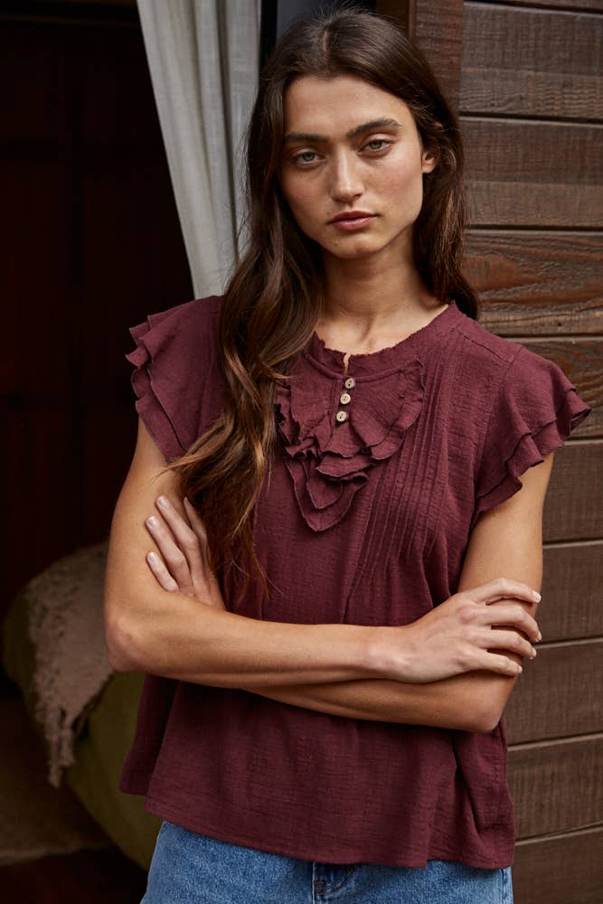 Woven Button V-Neck Short Sleeve Top