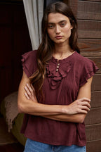 Woven Button V-Neck Short Sleeve Top