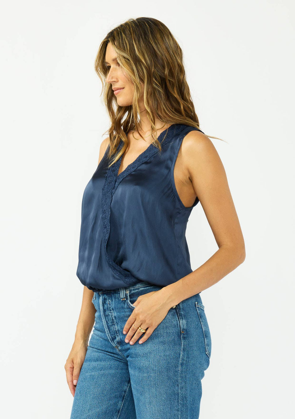 Sleeveless Embroidered Surplice Top with Elastic Hem