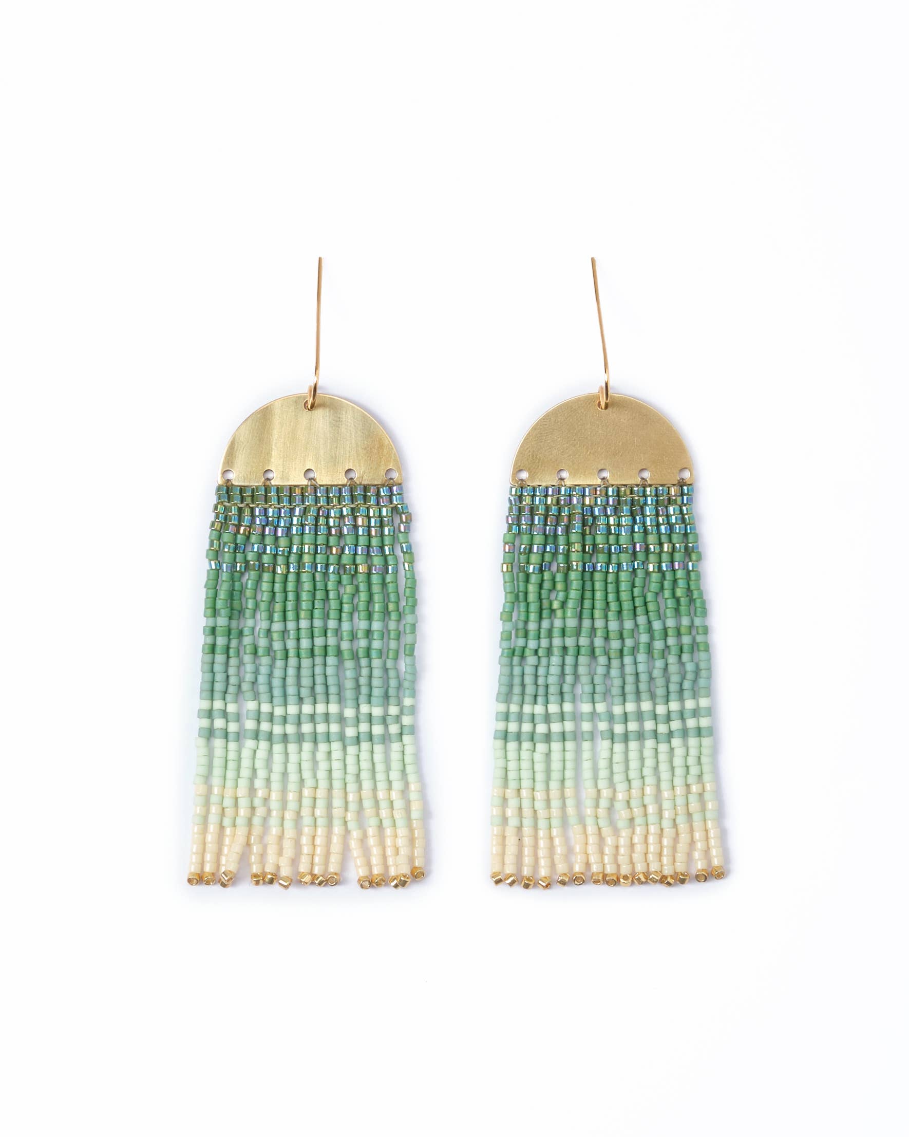Beaded Handwoven Ombre Fringe Earrings (Green)