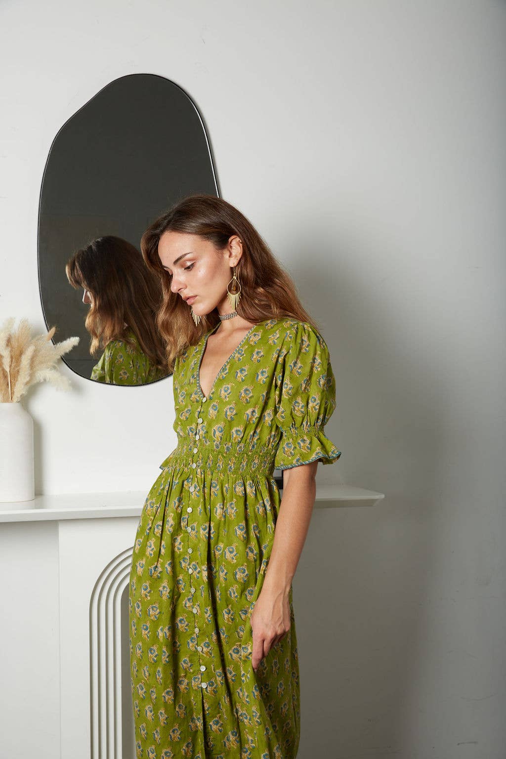 Tatiana Block Printed Dress (Olive)