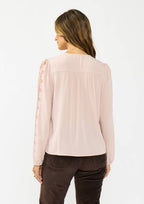 Long Sleeve Split Neck Blouse with Floral Embroidery
