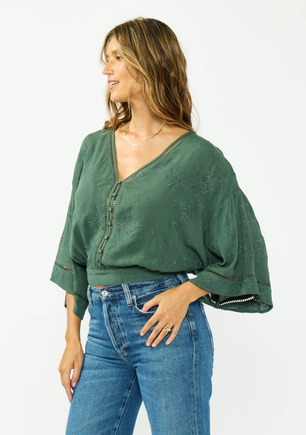 V-Neck Button-Down Blouson Top