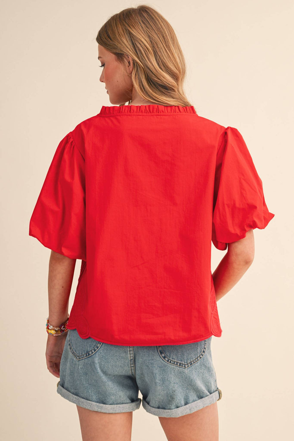 Bubble Sleeve Top With Side Embroidery
