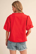 Bubble Sleeve Top With Side Embroidery