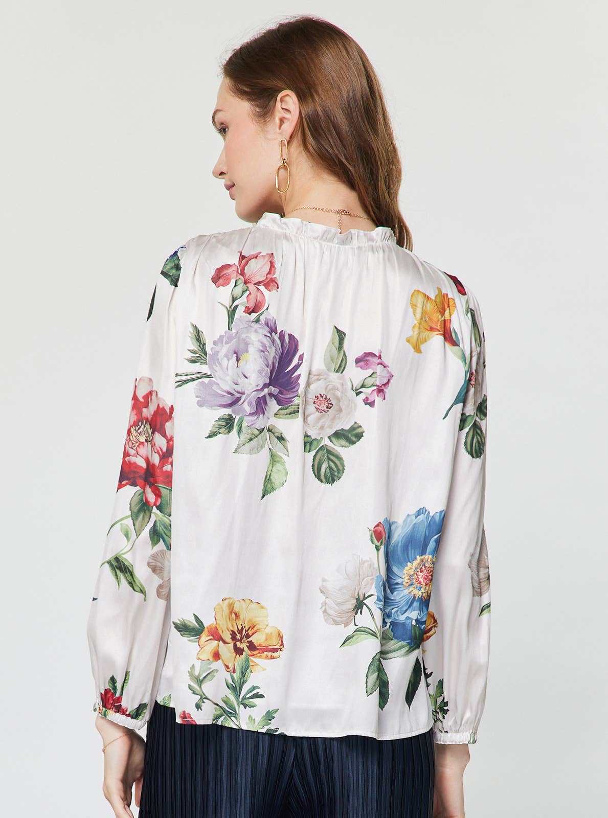 Floral Printed Ruffled Neck Long Sleeve Blouse