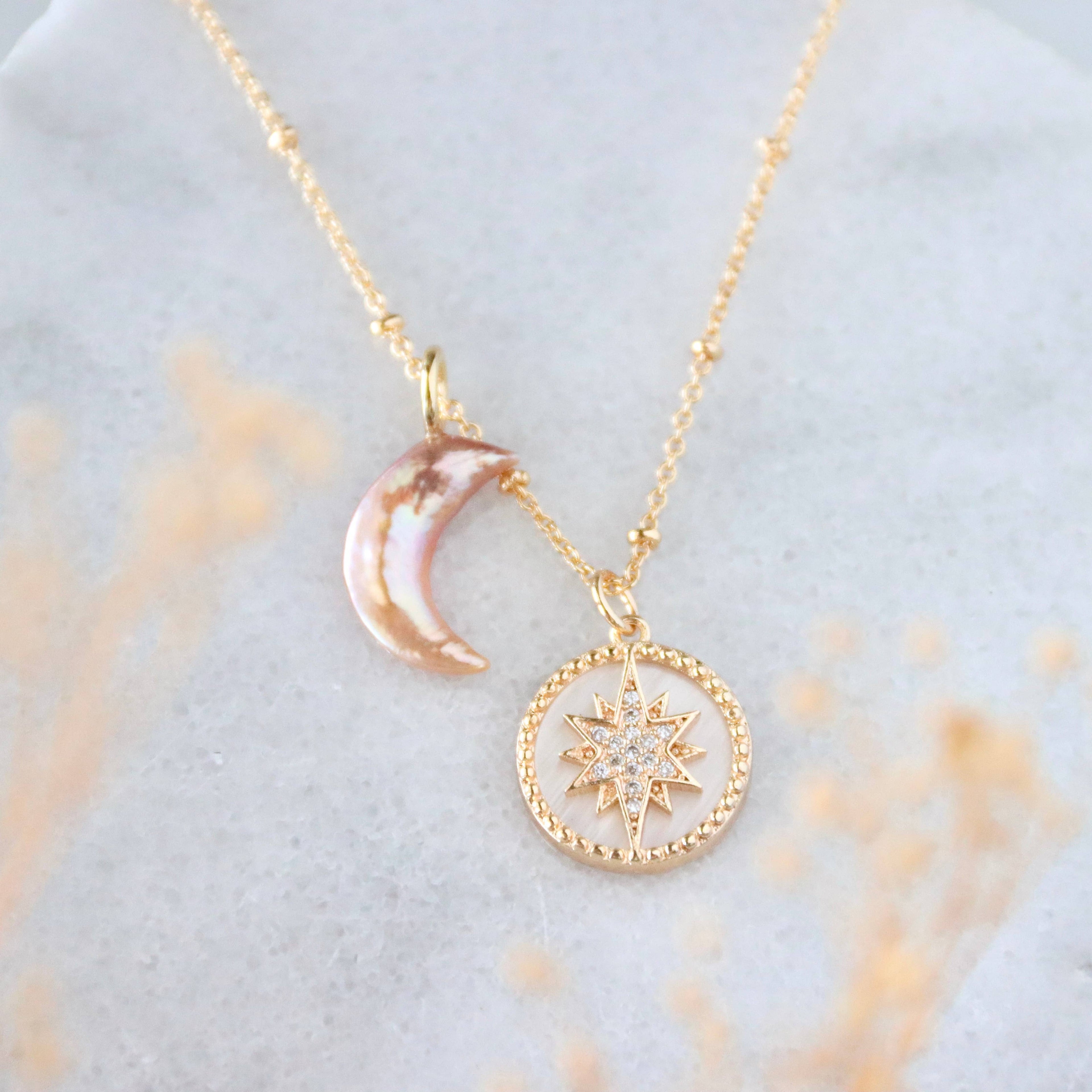 Pink Pearl Moon CZ Star Coin Necklace