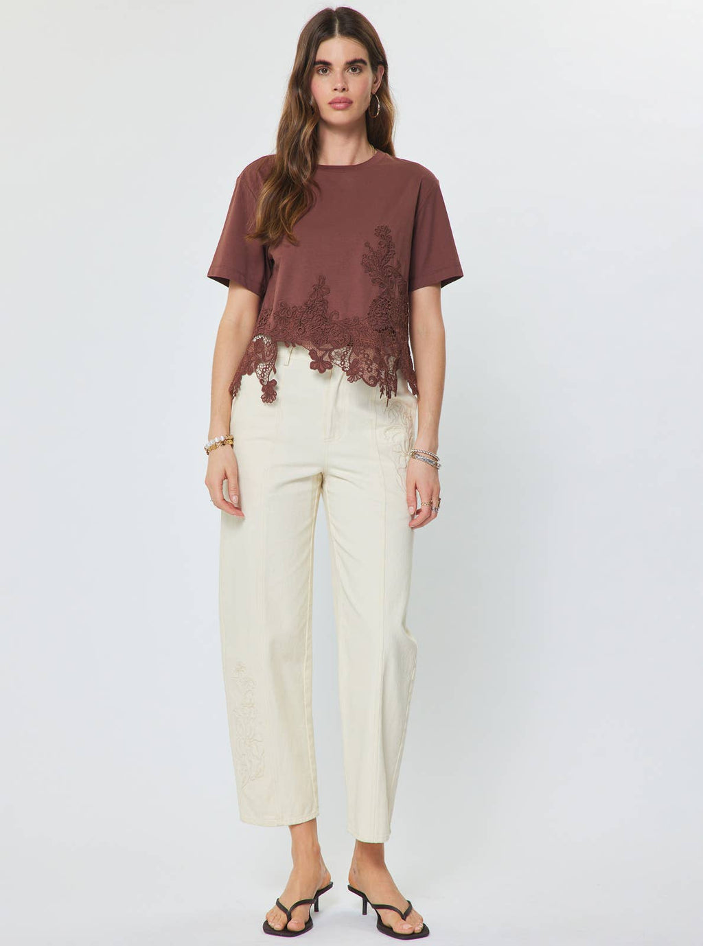 Cotton Blend Lace Hem Cropped Top