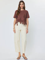 Cotton Blend Lace Hem Cropped Top