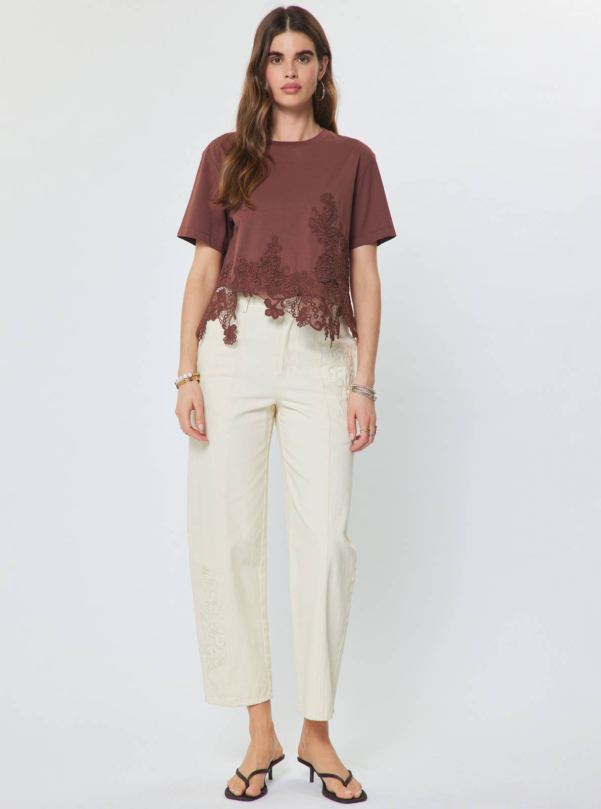 Cotton Blend Lace Hem Cropped Top