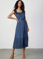 Double-Layer Ruffle Sleeve Crinkle 3Q Dress