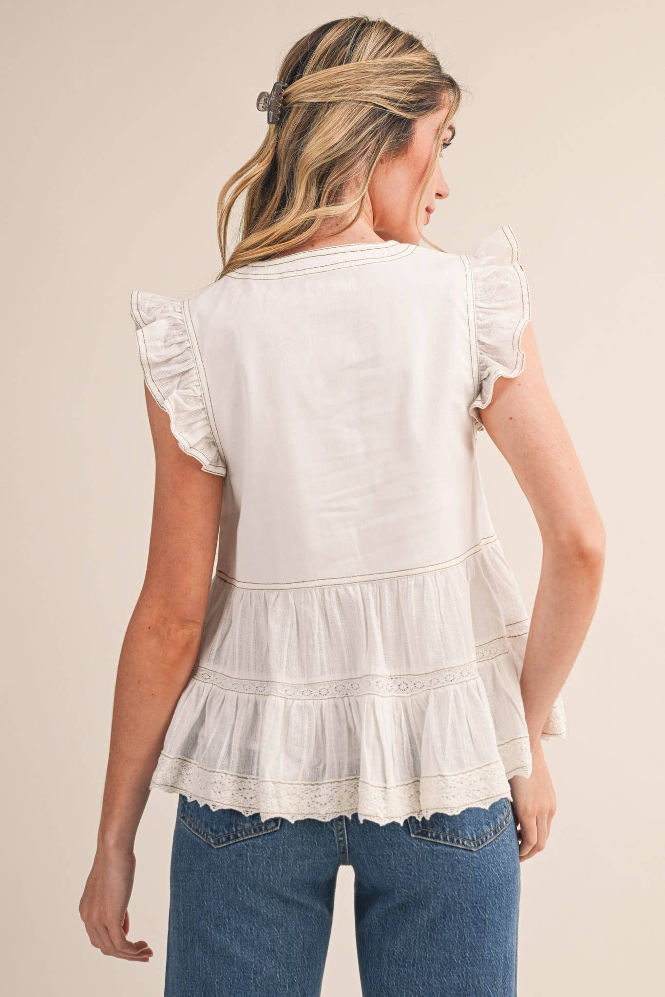 MIXED MEDIA CONTRAST STITCH LACE TRIM TOP