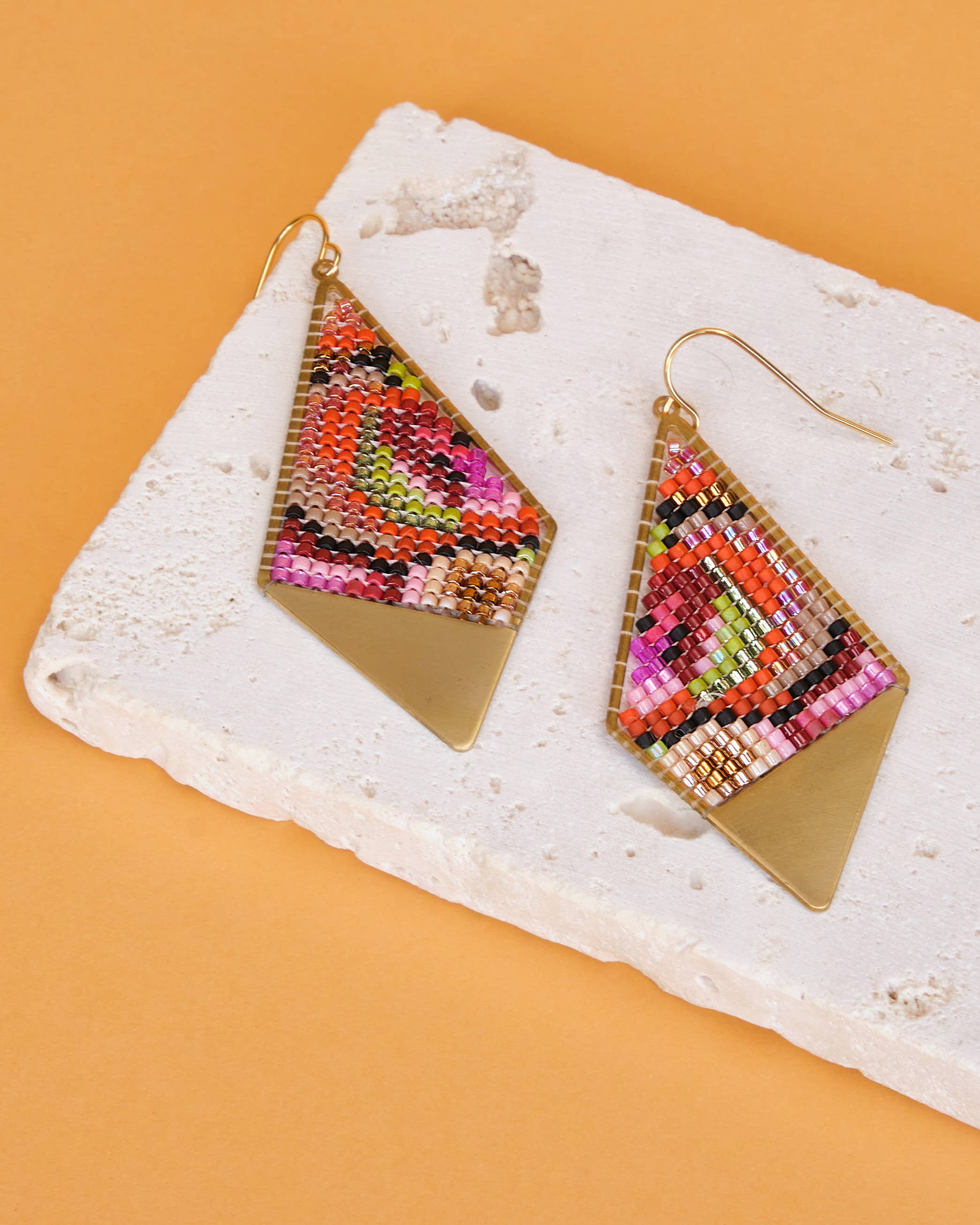 Beaded Handwoven Kaleidoscope Kite Earrings (Pink/Orange)