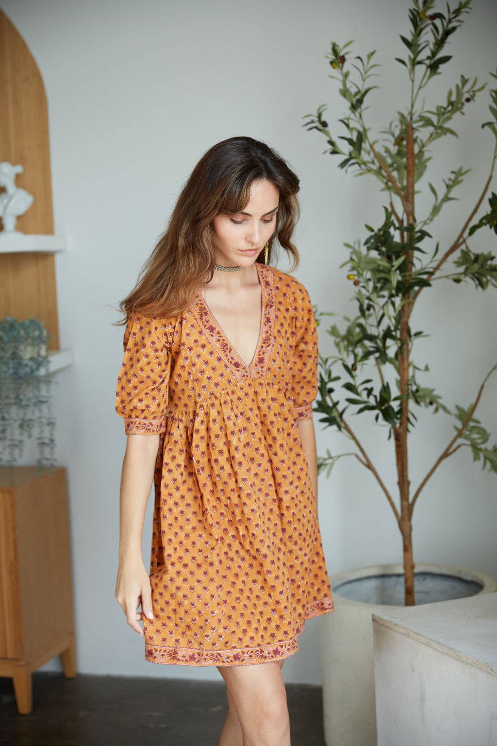 Block Printed Cotton Mini-Dress (Maile Dress- Cayenne)