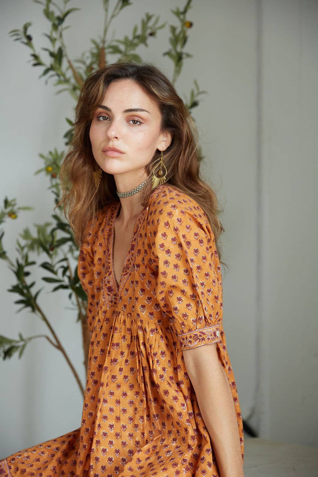 Block Printed Cotton Mini-Dress (Maile Dress- Cayenne)