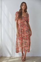 Woven Floral Print V-Neck Qtr. Sleeve Maxi