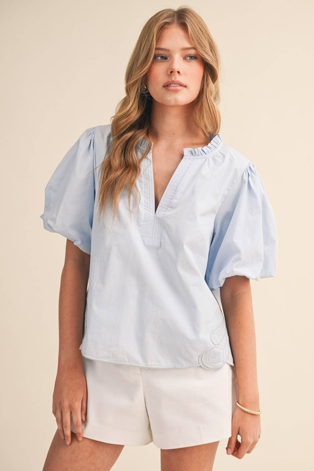 Bubble Sleeve Top With Side Embroidery