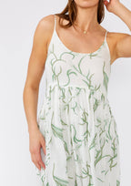 Palm Embroidered Spaghetti Strap White Empire Mini Dress