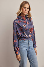 Floral Mock Neck Tie Back Blouse