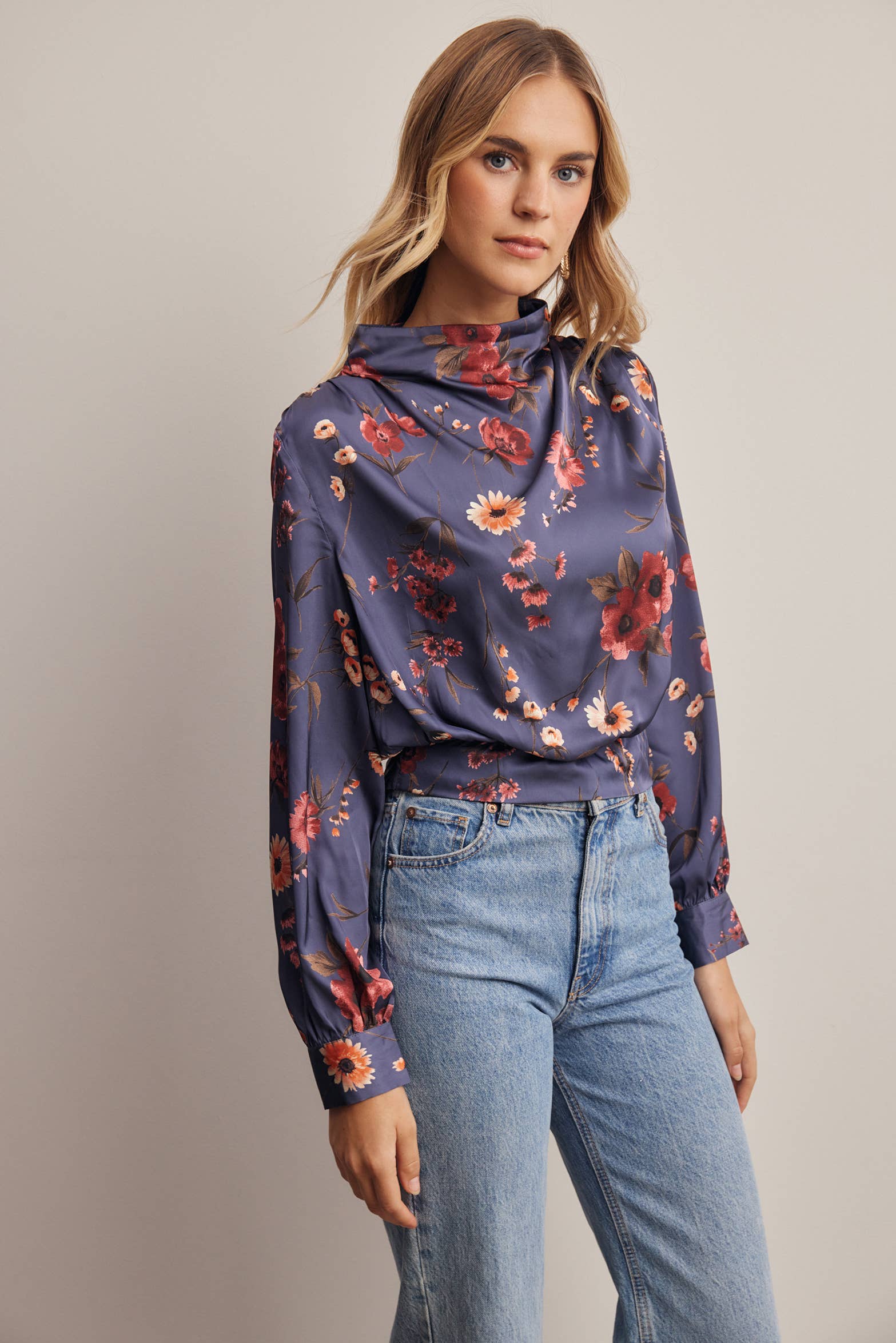 Floral Mock Neck Tie Back Blouse
