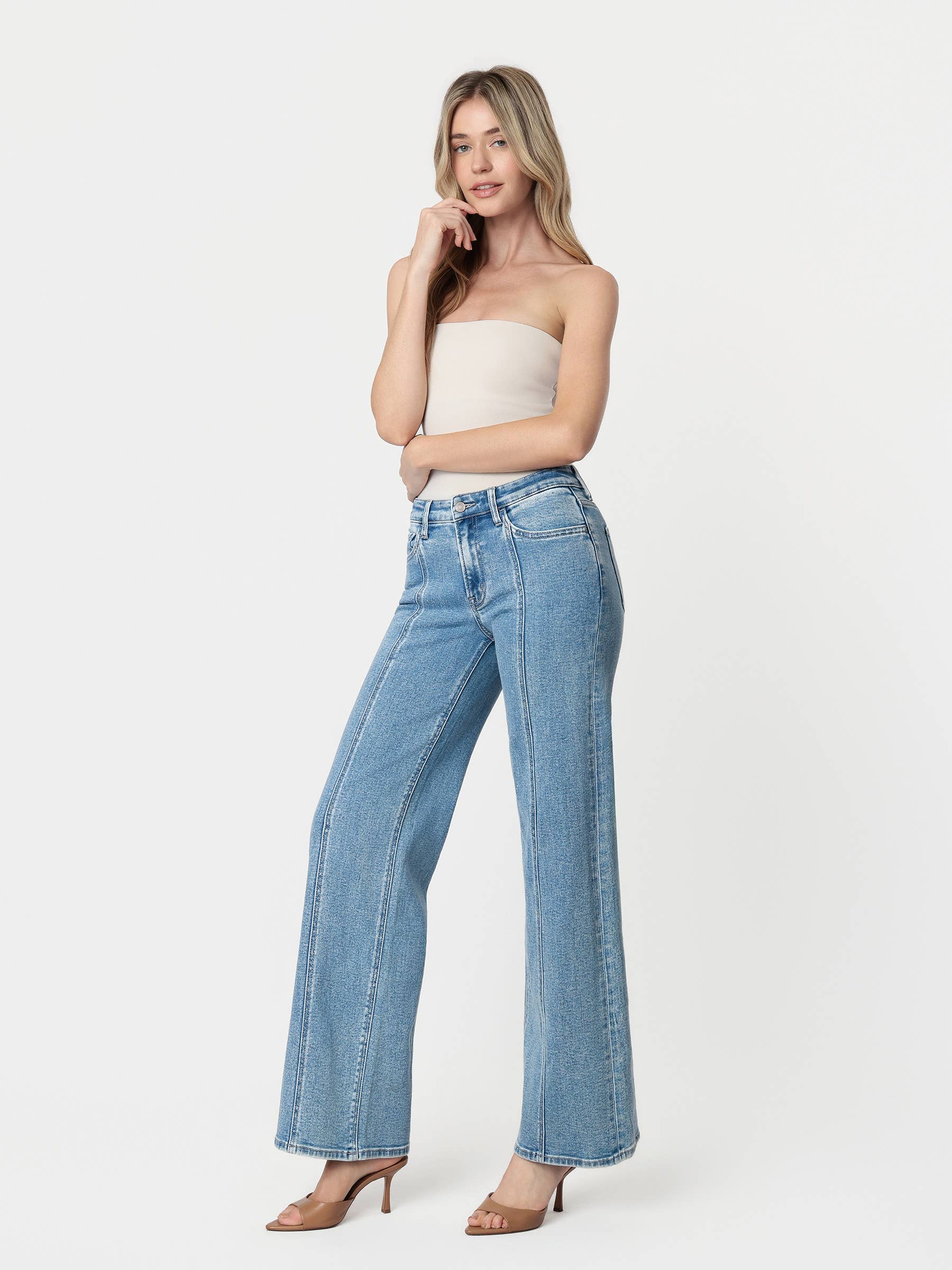 High Rise Medium Wash Seamed Panel Wide Leg Jeans