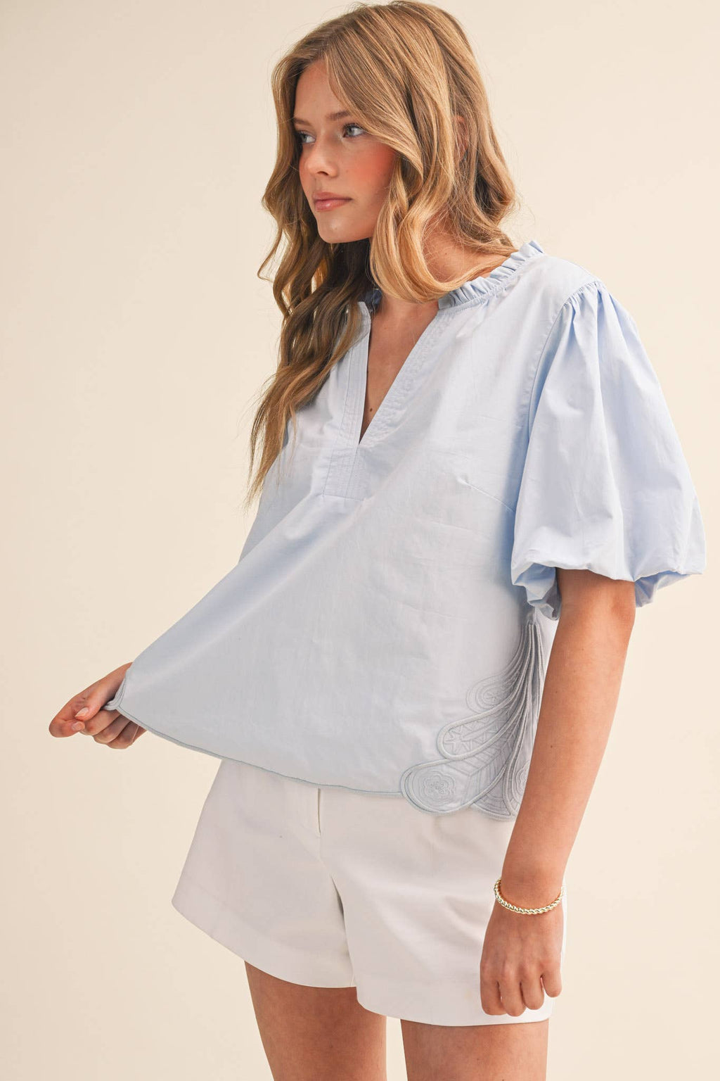Bubble Sleeve Top With Side Embroidery