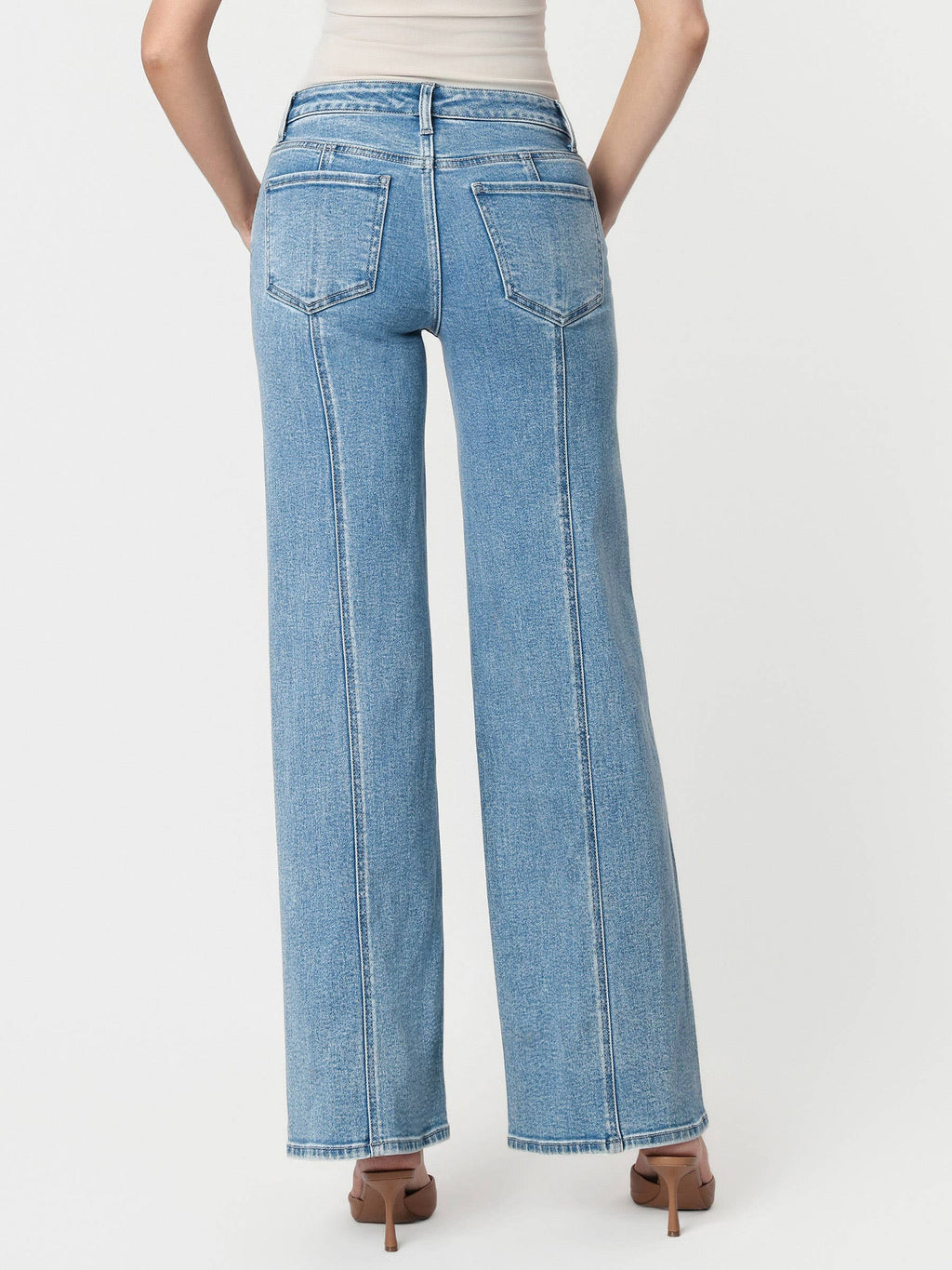 High Rise Medium Wash Seamed Panel Wide Leg Jeans
