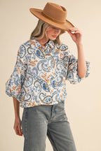 Paisley Print Button Down Bubble Sleeve Top
