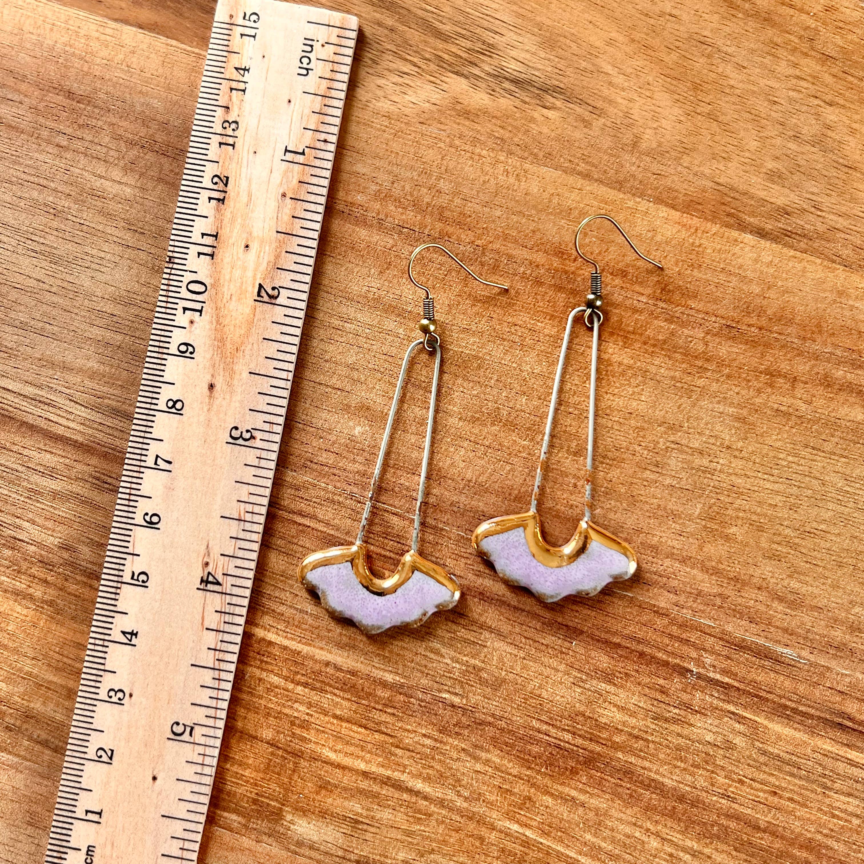 Glossy Lavender Drop Floral Ceramic Earrings with Gold