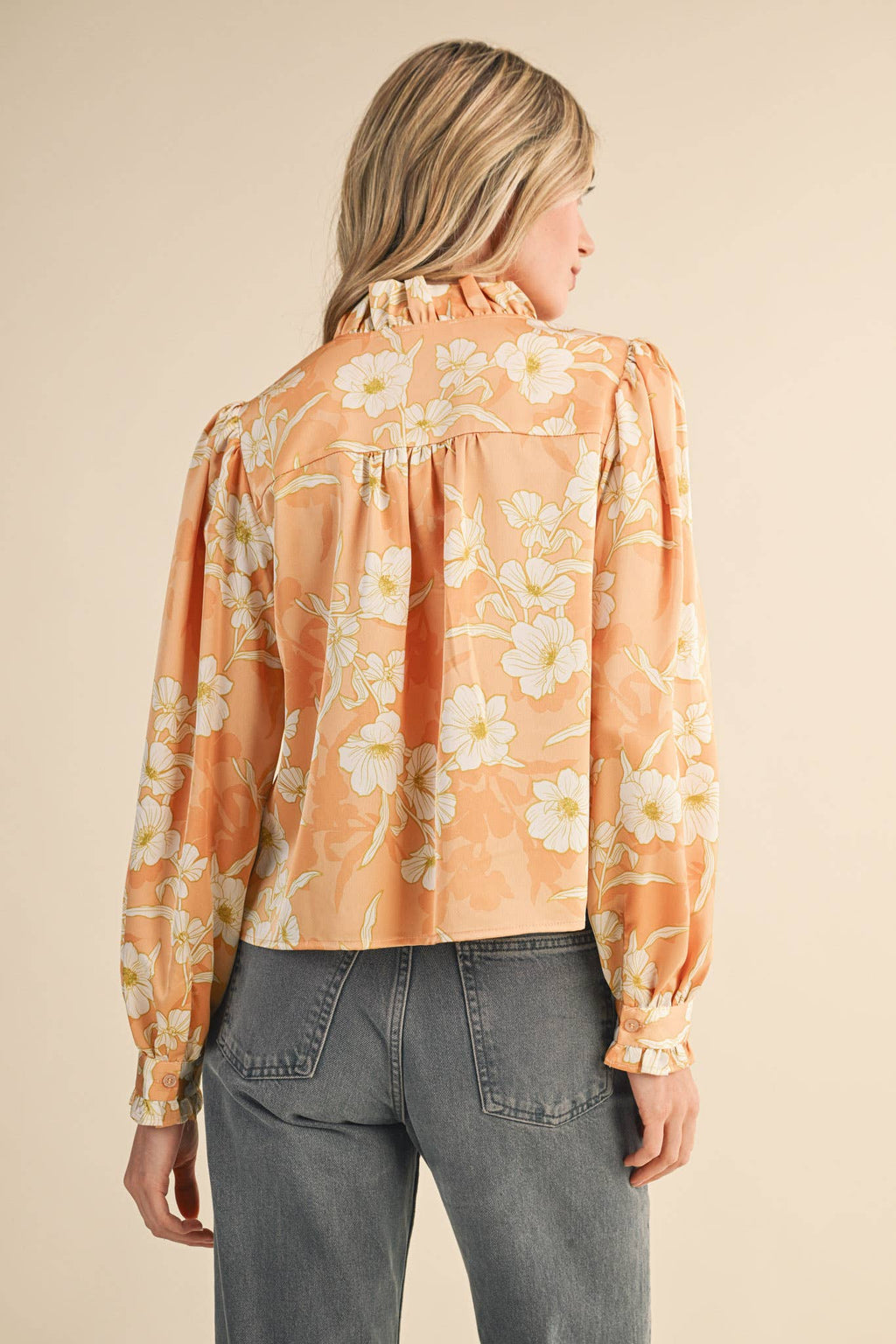 Floral Print Ruffled Button Down Top